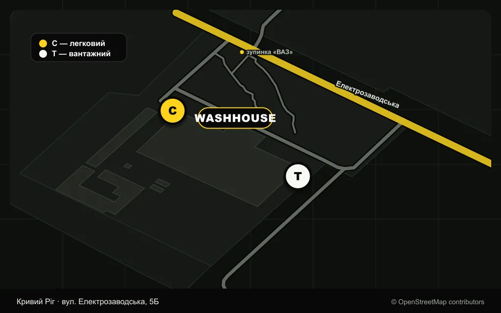 Карта-орієнтир з легковим в’їздом C і вантажним в’їздом T до WashHouse